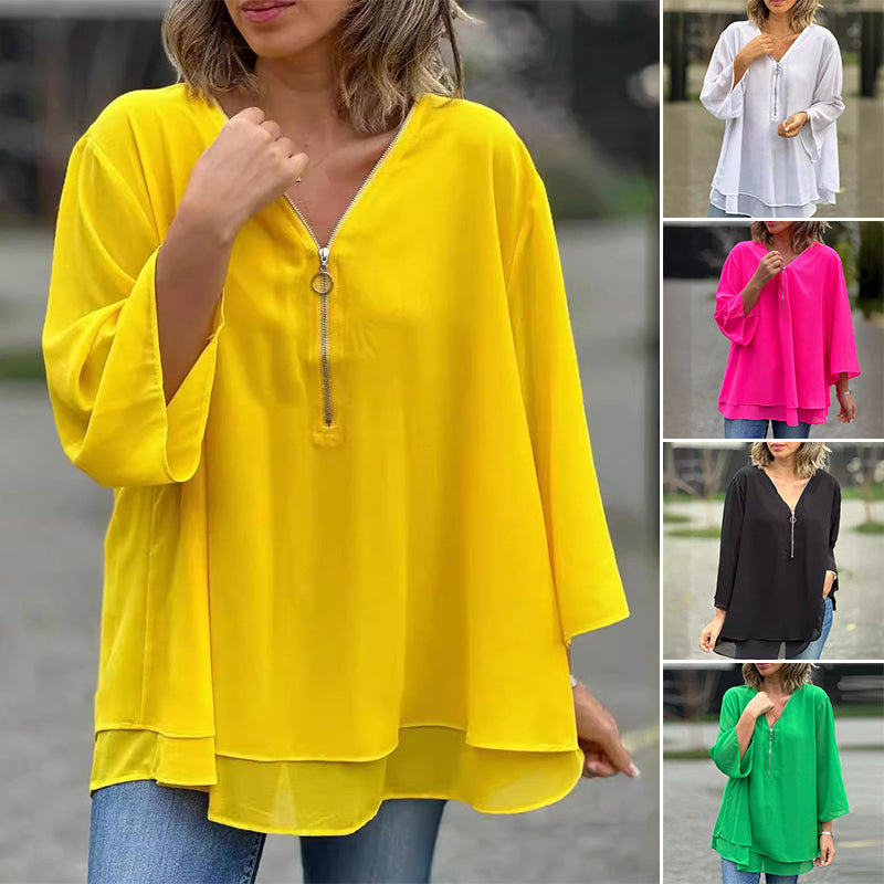 Mediva™ | Chiffon Zipper Top With V-neck