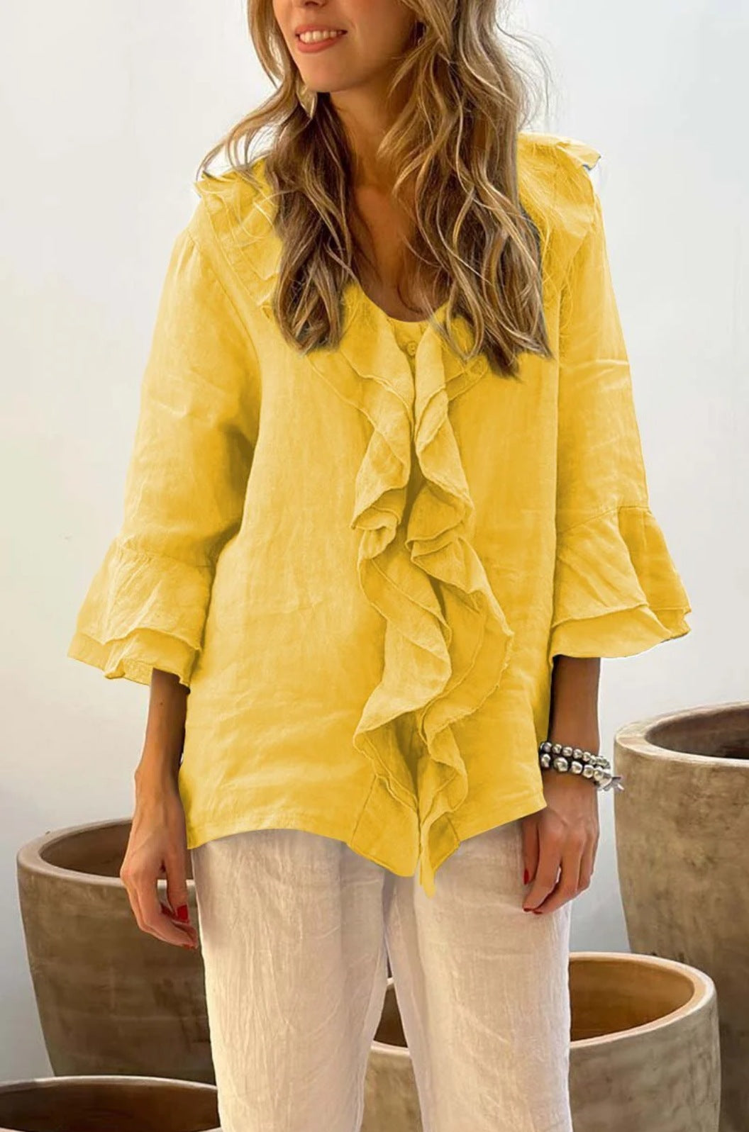 Rosalie | Ruffled Cotton Linen 3/4 Sleeves Shirt