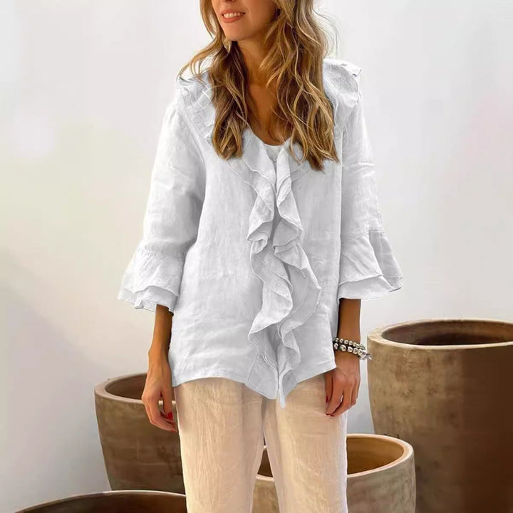 Rosalie | Ruffled Cotton Linen 3/4 Sleeves Shirt